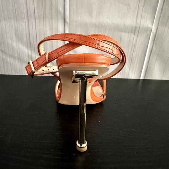 Women's High Sandals Buckle Heel Orange -  Heel Gold Color - Square Open Toe - Picture 4 of 6